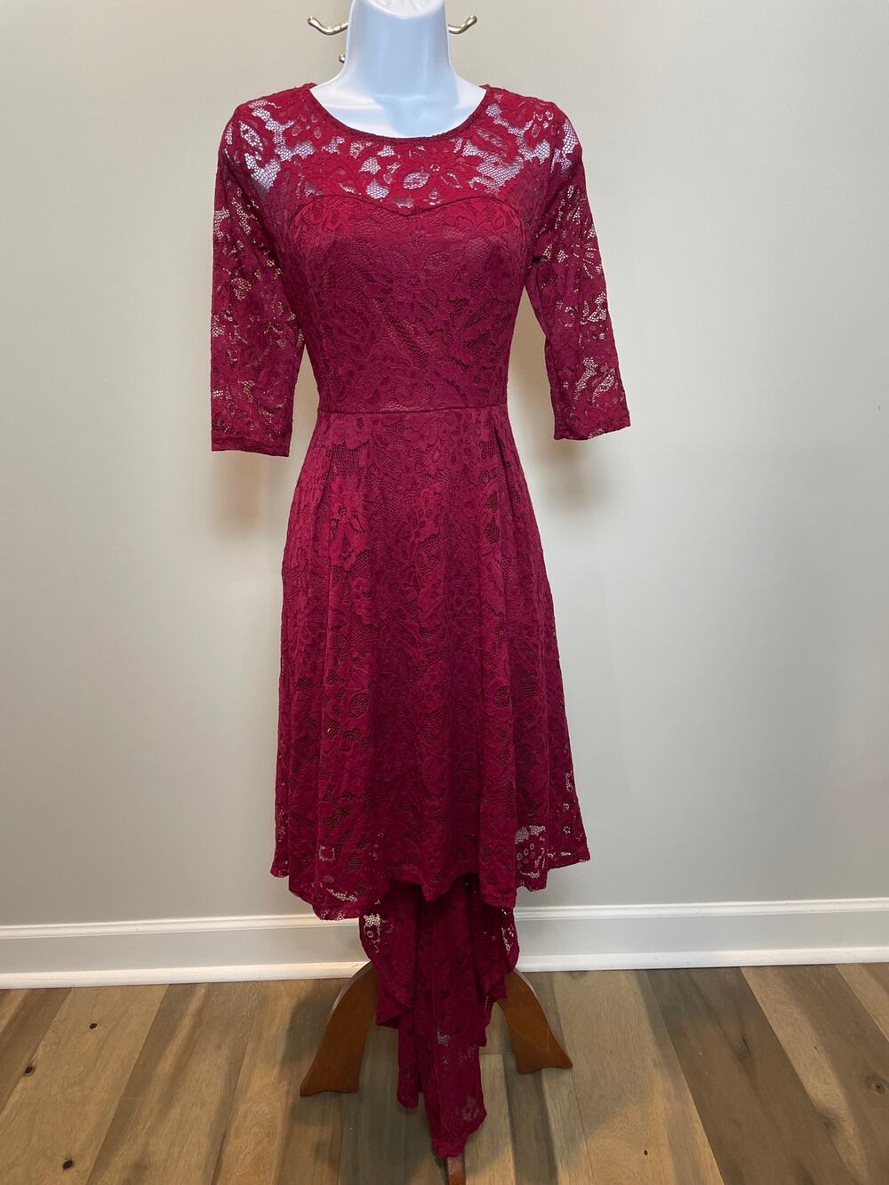 Anette NWT Small Red Wine Lace Dress High Low Hem Sheer Sleeves Lined